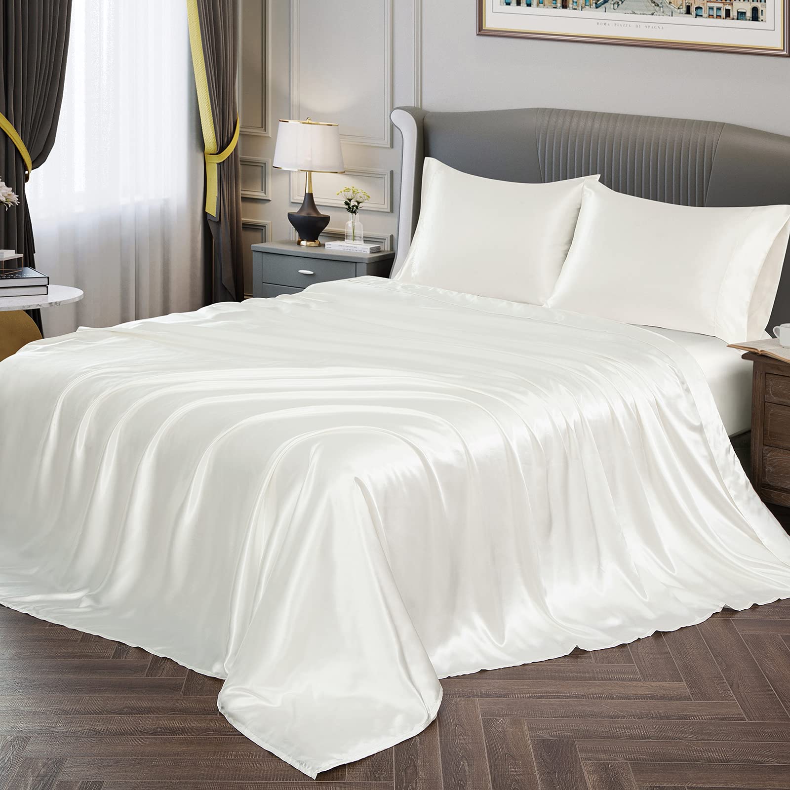 Photo 1 of *MISSING SHEETS* Vonty Satin Sheets Twin Silky Soft Satin Bed Sheets Ivory White Sheet Set, 1 Deep Pocket Fitted Sheet + 1 Flat Sheet + 1 Pillowcases