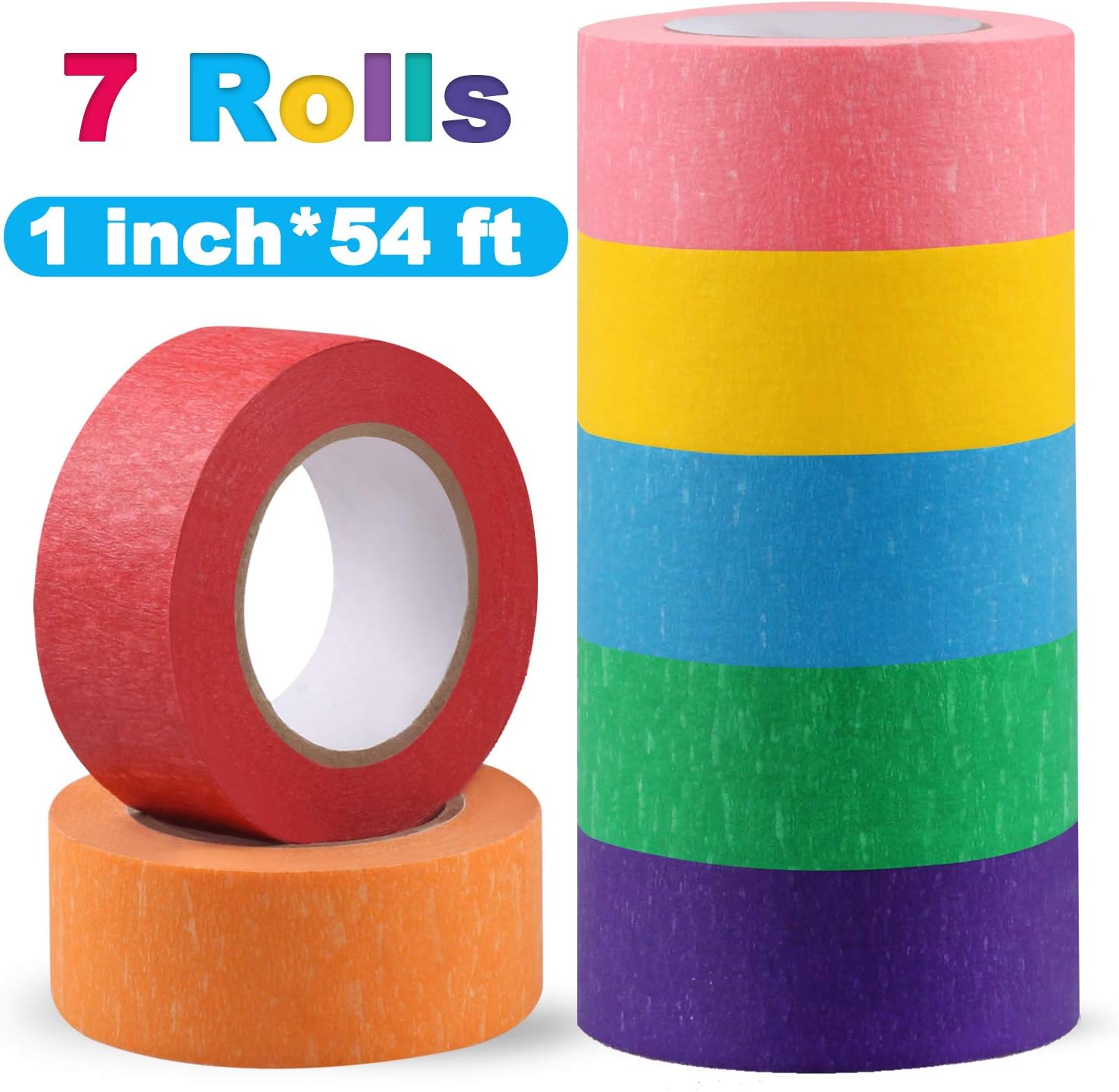 Colored Masking Tape, 7 Rolls Colorful Rainbow Masking Tape for Crafts, Labeling, Teacher Tape and Wall Decoration (1inch X 54 ft)