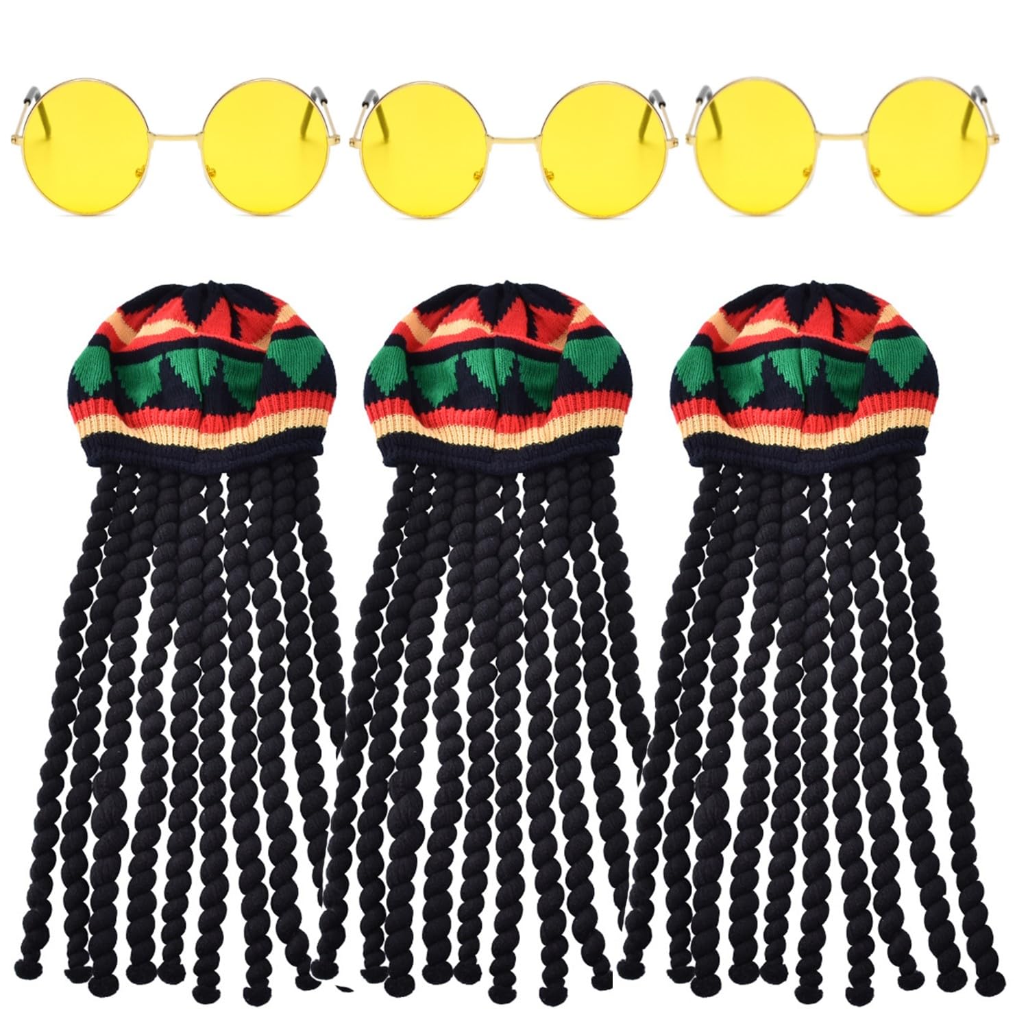 Lezevn 3 Packs Rasta Hat with Black Dreadlocks and Yellow Glasses Masquerade Costume Accessories Caribbean Costume Set