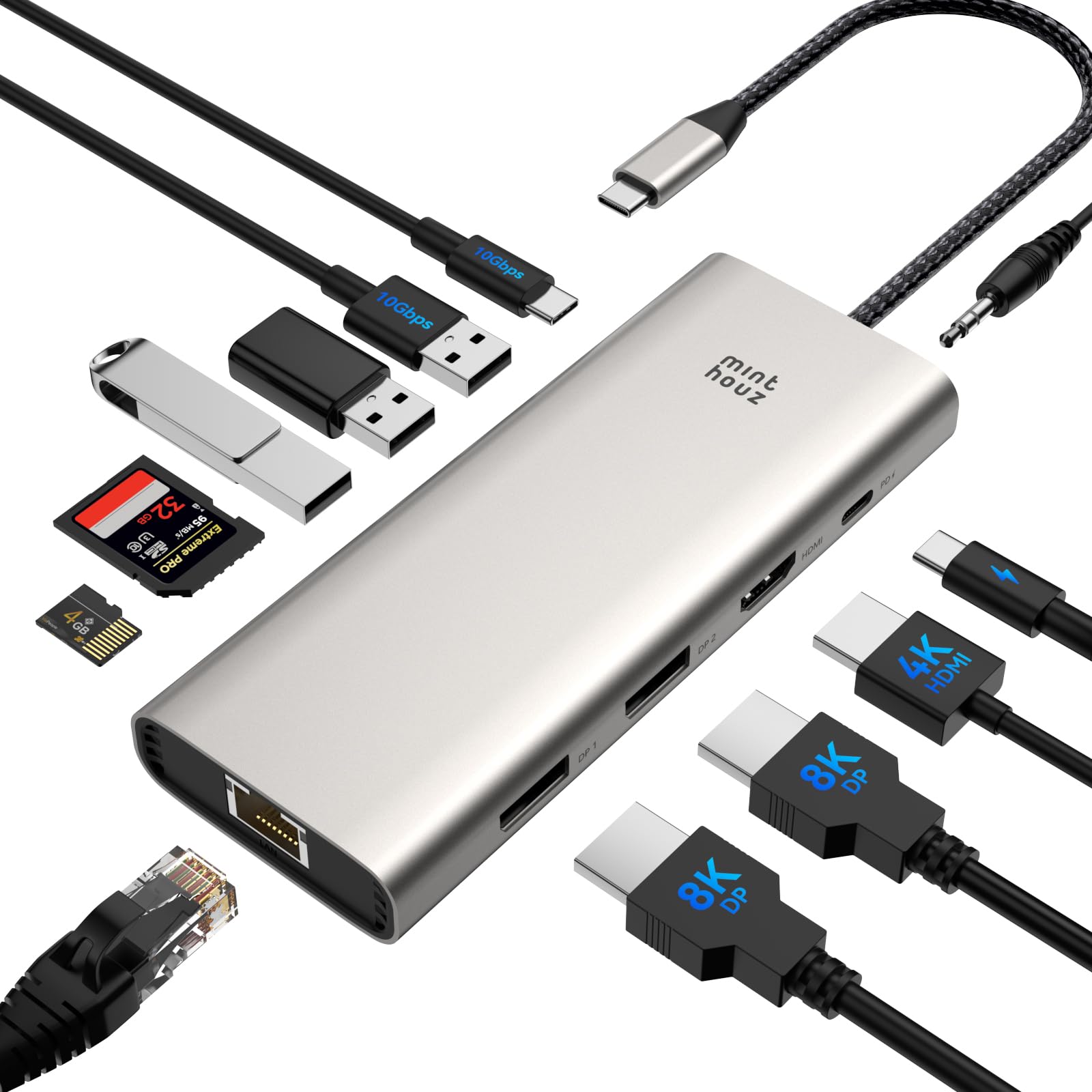 Photo 1 of USB C Docking Station Triple Display Monitor Minthouz 12 in 1 USB C Hub,with 8K Dual DP,4*USB Port,100W PD Thunderbolt 3/4,2.5G Ethernet/SD/TF/3.5mm USB c Dock for MacBook,Dell,HP,Surface