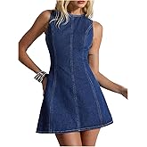 WDIRARA Women's Backless A Line Denim Dress Y2k Bow Sleeveless Flared Hign Waist Short Dresses
