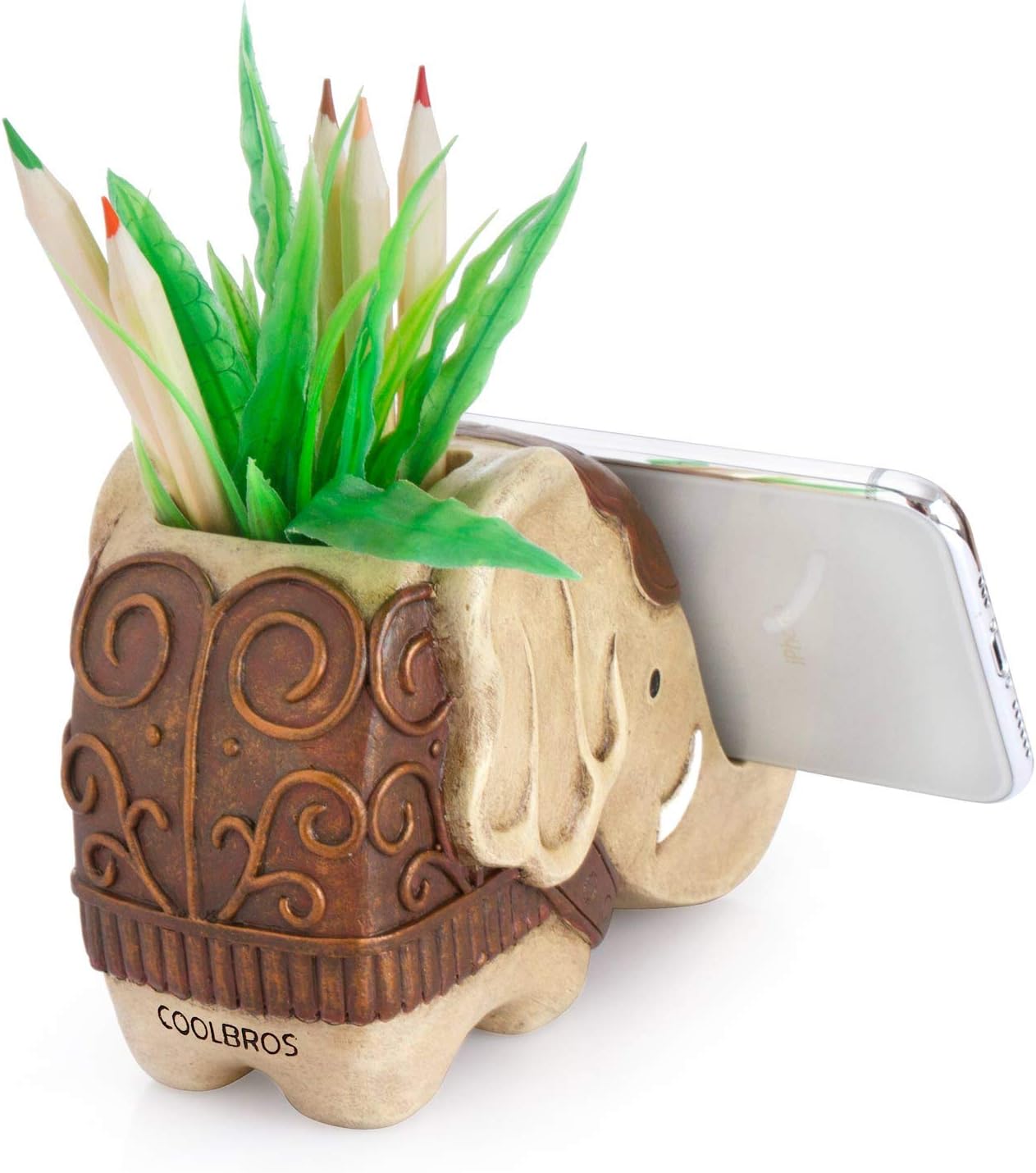 Pen Pencil Holder with Phone Stand, Coolbros Resin Shaped Pen Container Cell Phone Stand Carving Brush Scissor Holder Desk Organizer Decoration for Office Desk Home Decorative (Elephant): Home Improvement