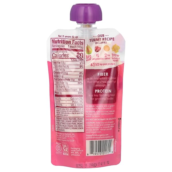 HAPPY TOT ORGANICS BABY FOOD FIBRE PROTEIN PEER RASPBERRY SQUASH ORGANIC, 4 OUNCE
