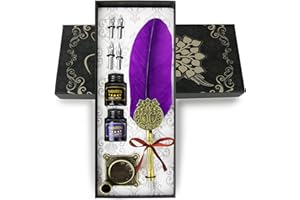 TIANREN Quill pen ink set,Feather Pen and Ink Set,Antique Calligraphy Pen with 4 Replaceable Nibs,2 Bottle of ink,Feather Dip Pen Holder Christmas Gift for Men&Women.(Purple)