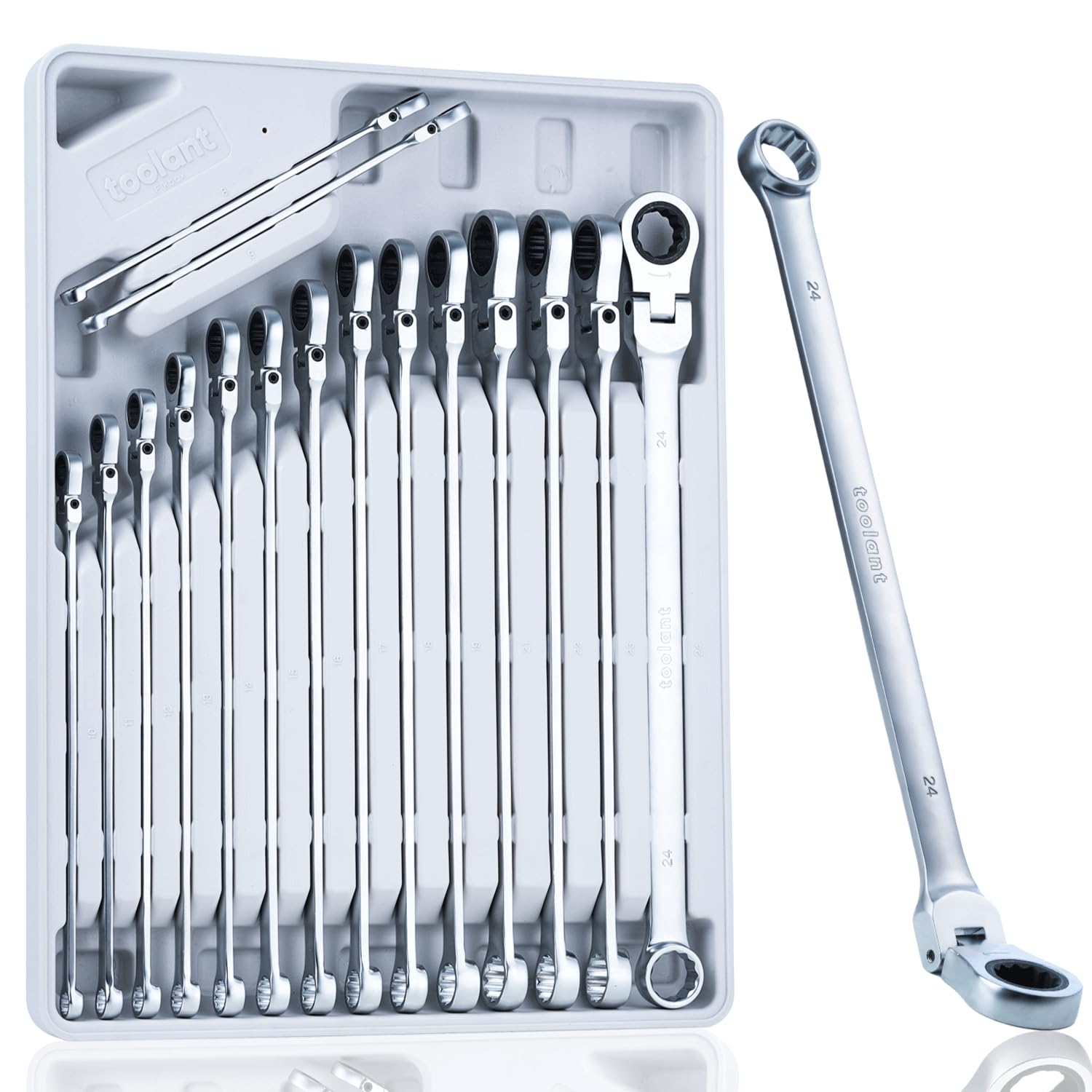 Toolant Juego de llaves de trinquete extra largas, cabeza flexible y cabeza fija desplazada, juego de llaves de trinquete con extremo de caja doble, acero CR-V, métrico 8-19 mm y 21-24 mm, 16 piezas con bandeja de almacenamiento
