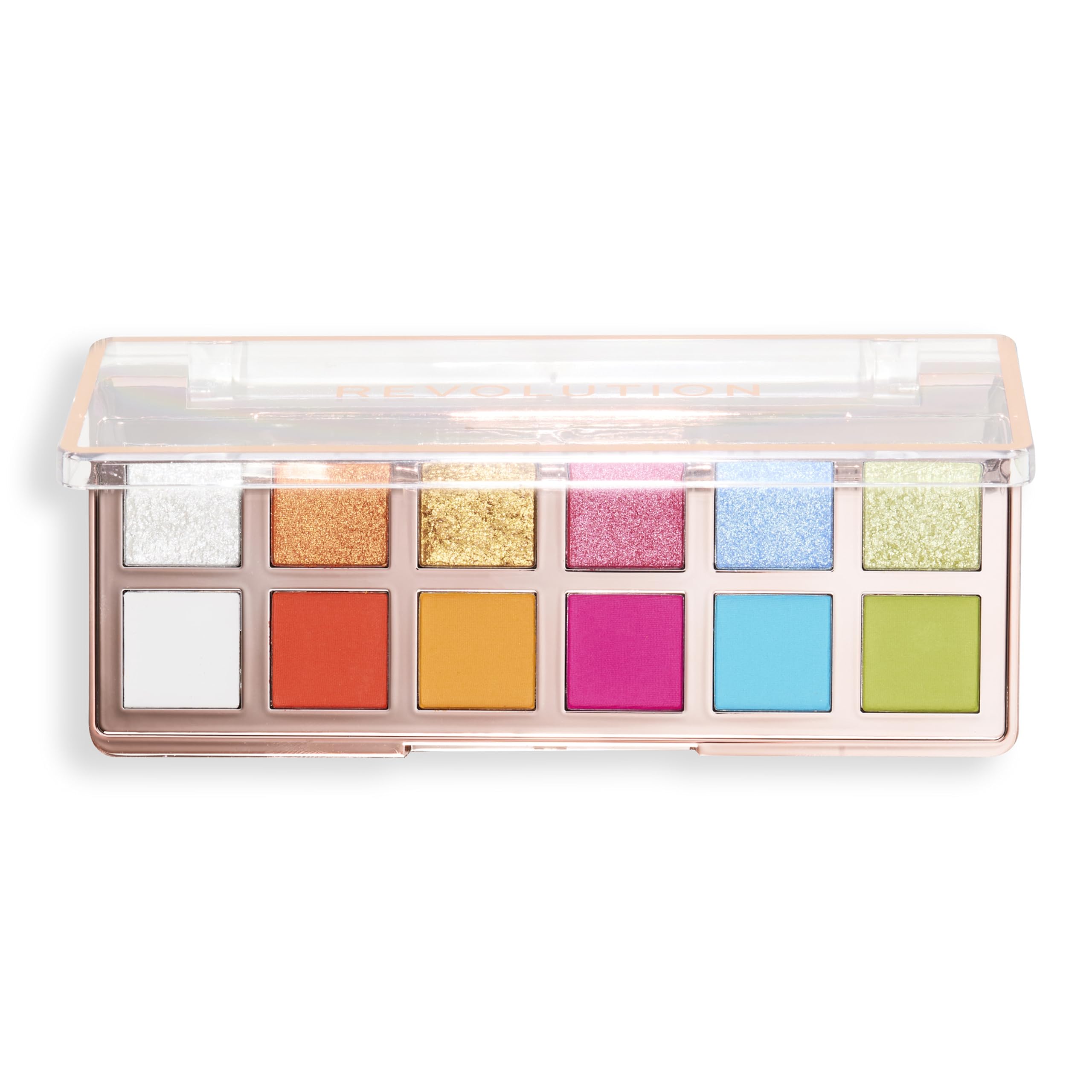 Revolution, The Vibrant Icon Brights Palette, 12 Pigmented Cream, Matte & Shimmer Makeup Shades, Blendable & Compact Formula, Vegan & Cruelty-Free