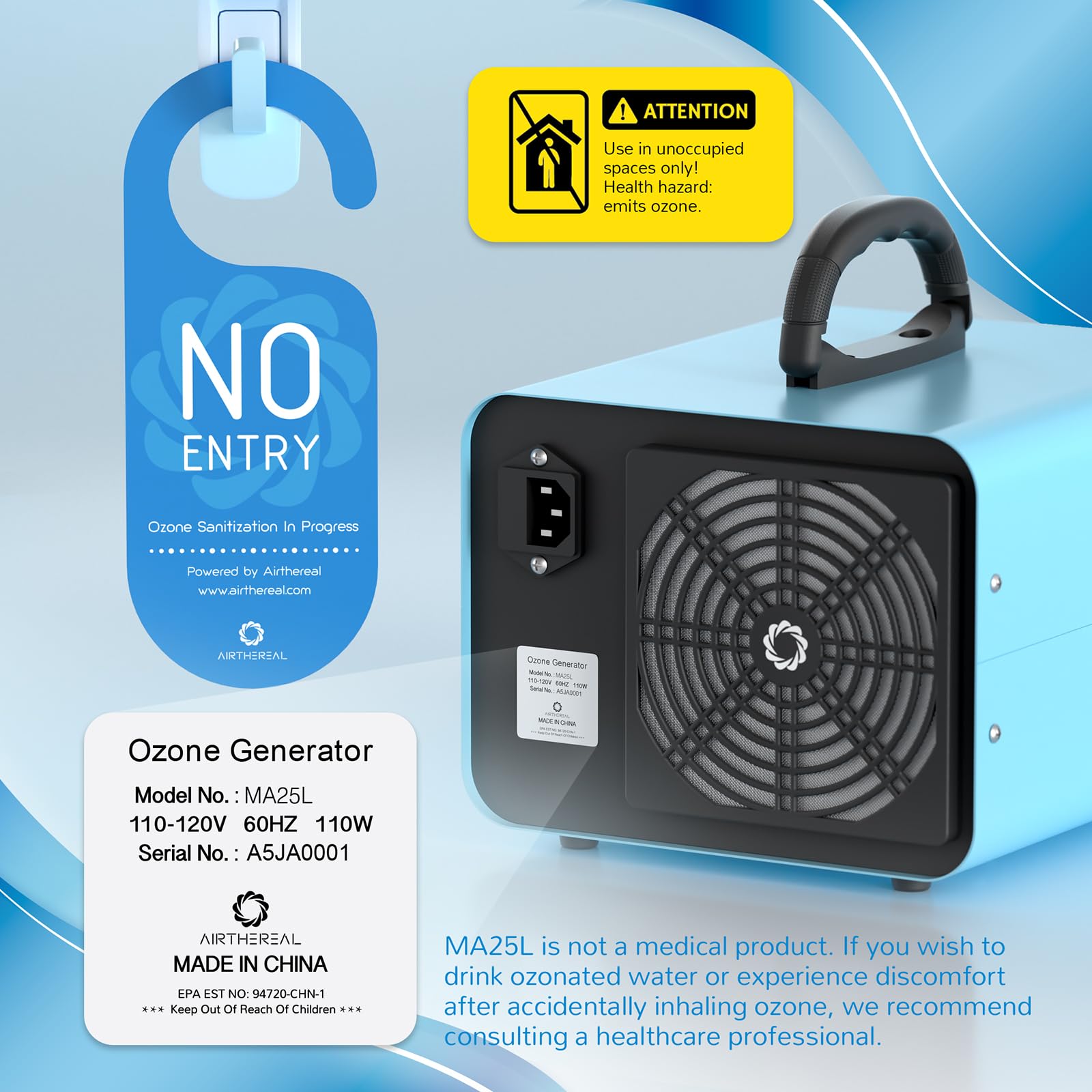 Airthereal MA25L Water Ozone Generator - Dual-Mode Ozone Machine for Water and Air Purification, 40,000mg/h High Capacity Ozone Machine for Odor Removal - Covers up to 4000 sq. ft.