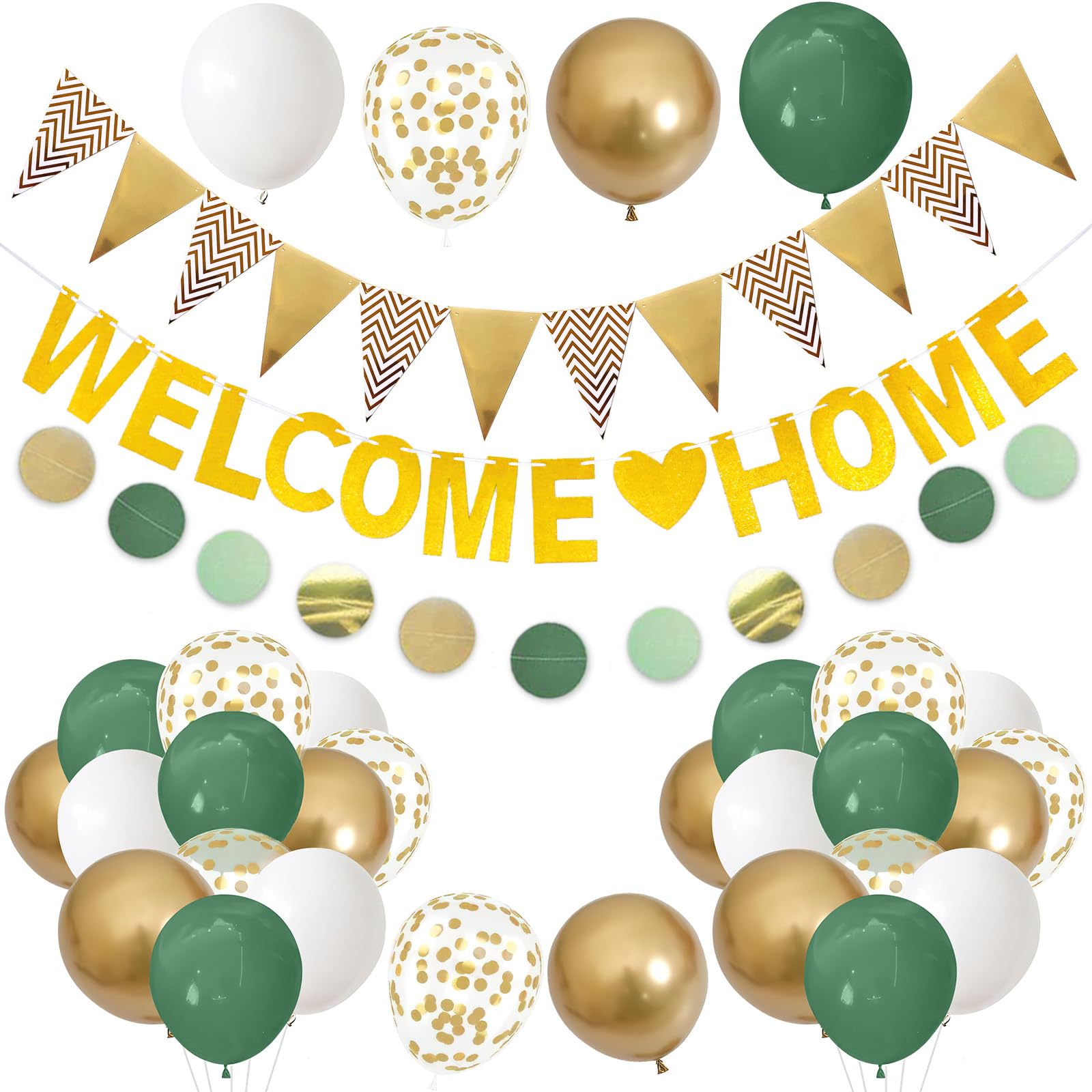 VEGCOO 55pcs Welcome Home Party Set with Green and Gold Confetti Balloons and Garland for Birth Decor