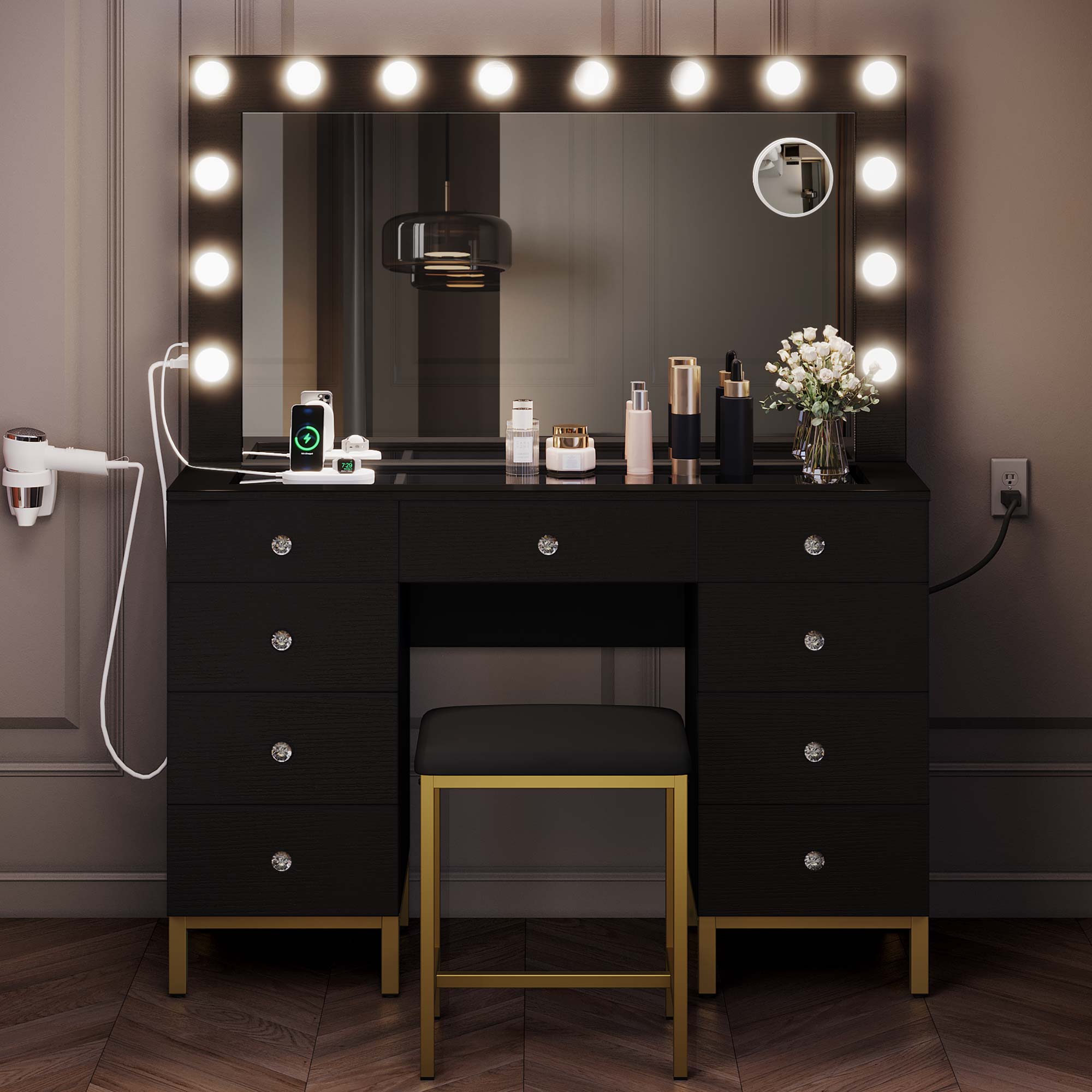 Photo 1 of YITAHOME Vanity Desk Set with LED Lighted Mirror & Power Outlet, 14 Hollywood Lighted 9 Drawers Makeup Vanities Dressing Table with Stool, Black