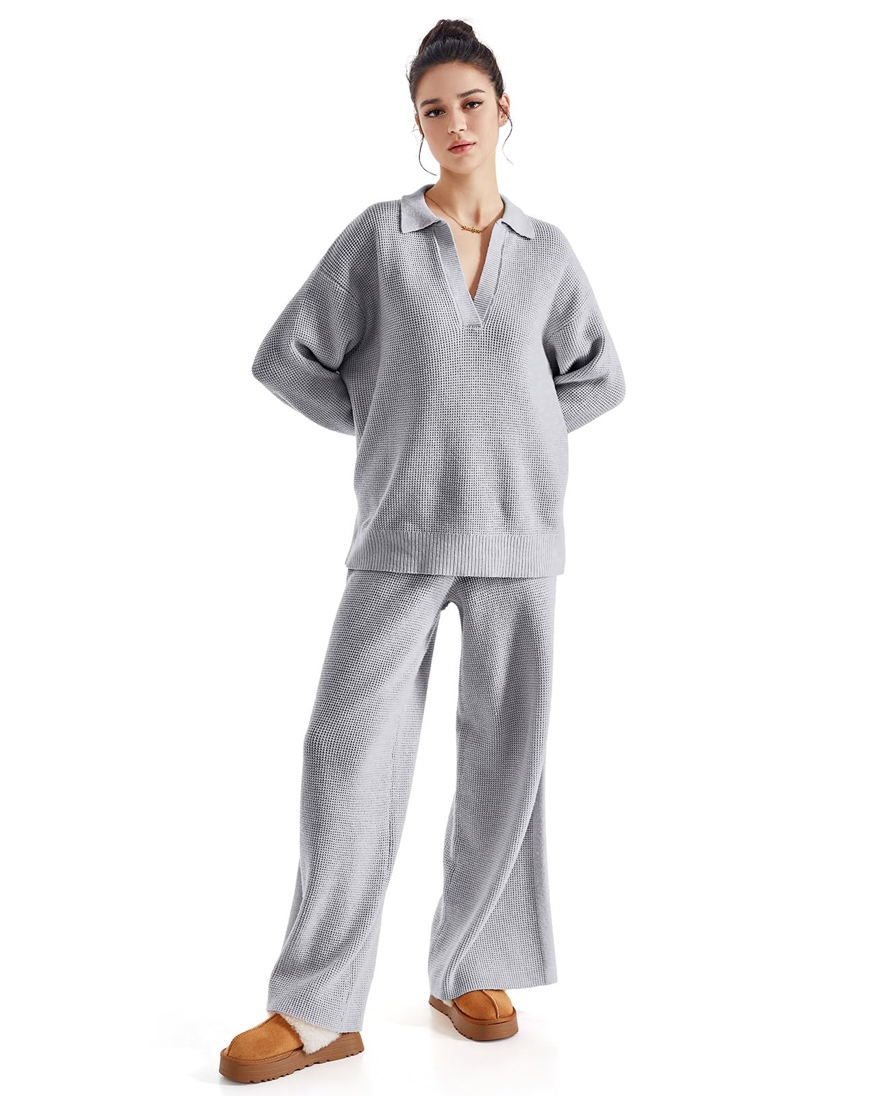 SUUKSESS Women 2 piece Fall outfits Long Sleeve Oversized Matching Lounge Set Waffle Knit Polo Sweater sets (Grey,M) - Image 2
