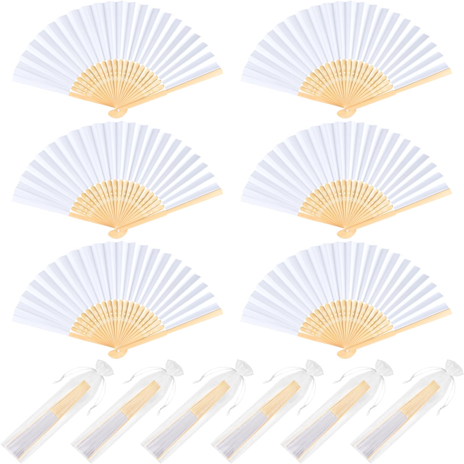 Photo 1 of NEBURORA 6Pcs White Handheld Paper Fans 8.3 Inch Hand Held Bamboo Fans Foldable for Wedding Decoration Outdoor Party Favors DIY Decoration Dancing Photography Props