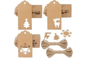 jijAcraft Christmas Gift Tags, 150Pcs Christmas Tags with String, Blank Xmas Gift Tags, Kraft Paper Hollow Christmas Trees, Rudolph and Snowflake Shapes Gift Tags for Christmas Presents, DIY Craft