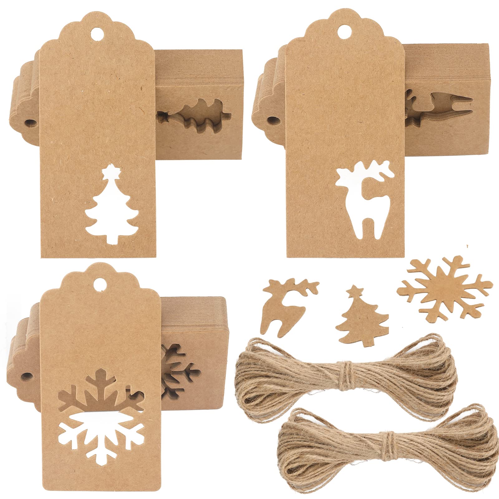 G2PLUS Large Brown Christmas Tags: 5 x 10 cm Xmas Labels for Presents, Kraft Paper Tags with String for Gift Wrapping Decorating, 150 pcs
