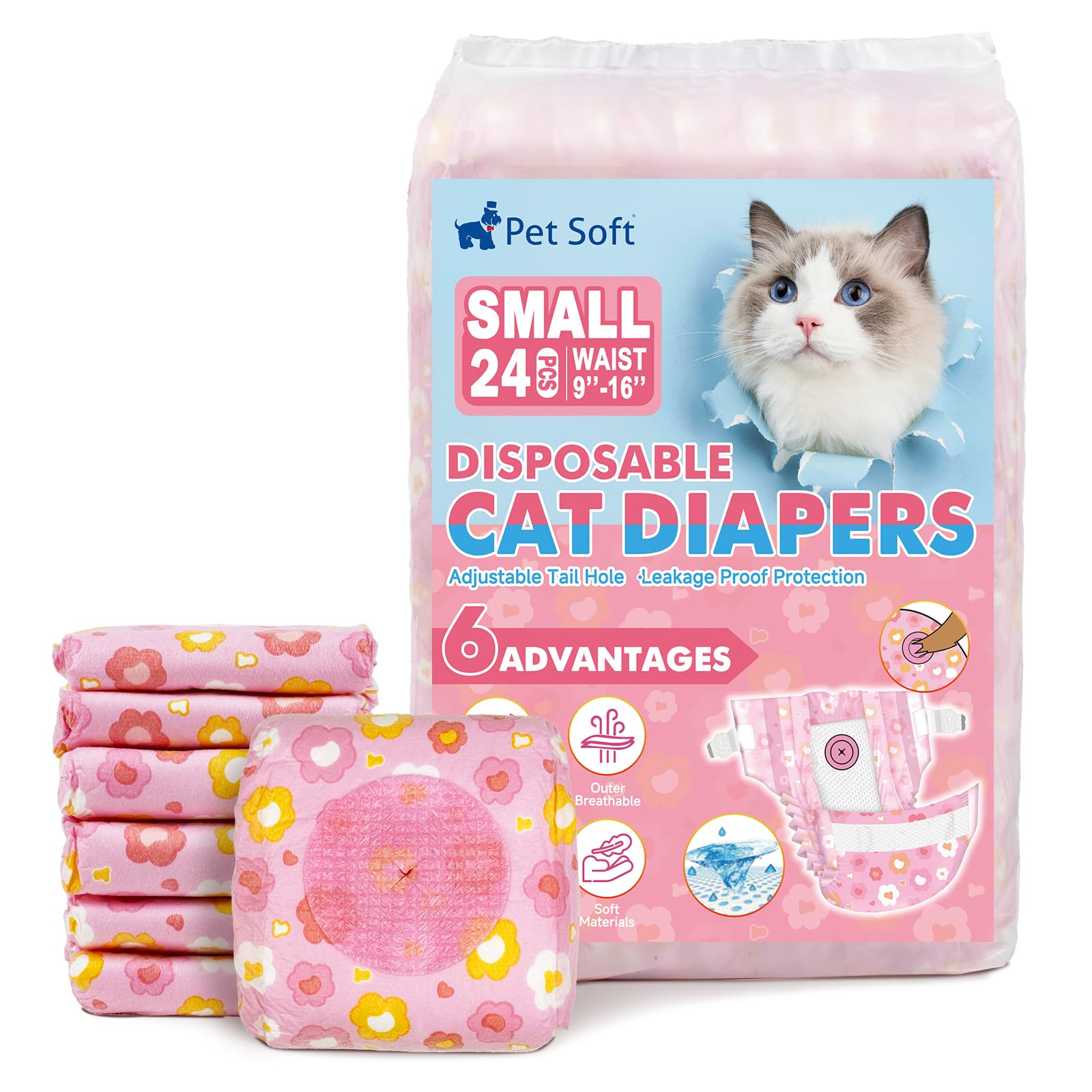 Photo 1 of Pet Soft Disposable Cat Diapers - Diaper for Female & Male Cats, Puppy Doggie Diapers for Female Dogs with Adjustable Foam Tail Hole, Small (24Pcs, PK Flowers)