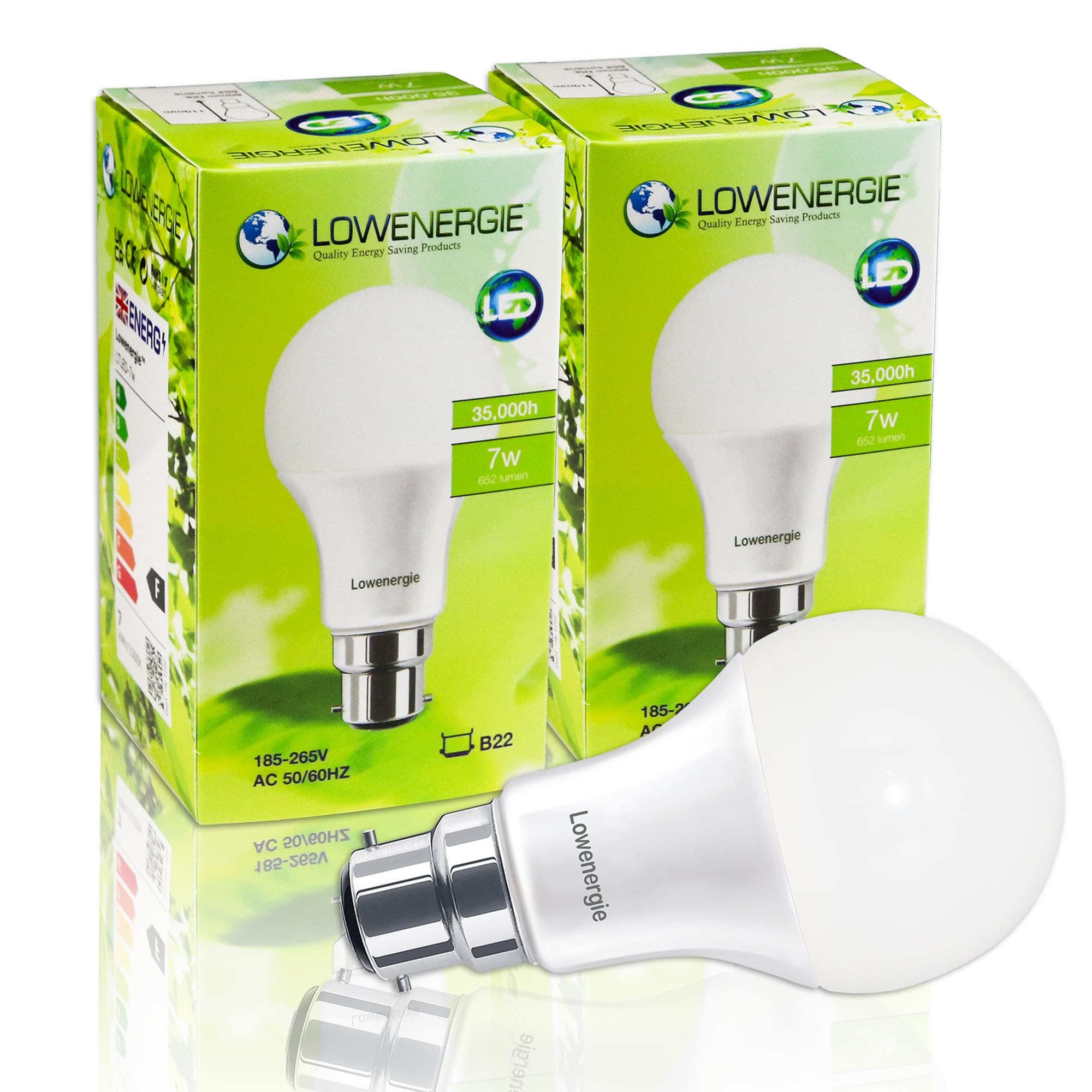 LOWENERGIE LED Light Bulbs 7W B22 Bayonet Day White 6000K A60 GLS Lamps – Pack of 2, 60W Equivalent Energy-Saving Everyday Lighting [Energy Class F]