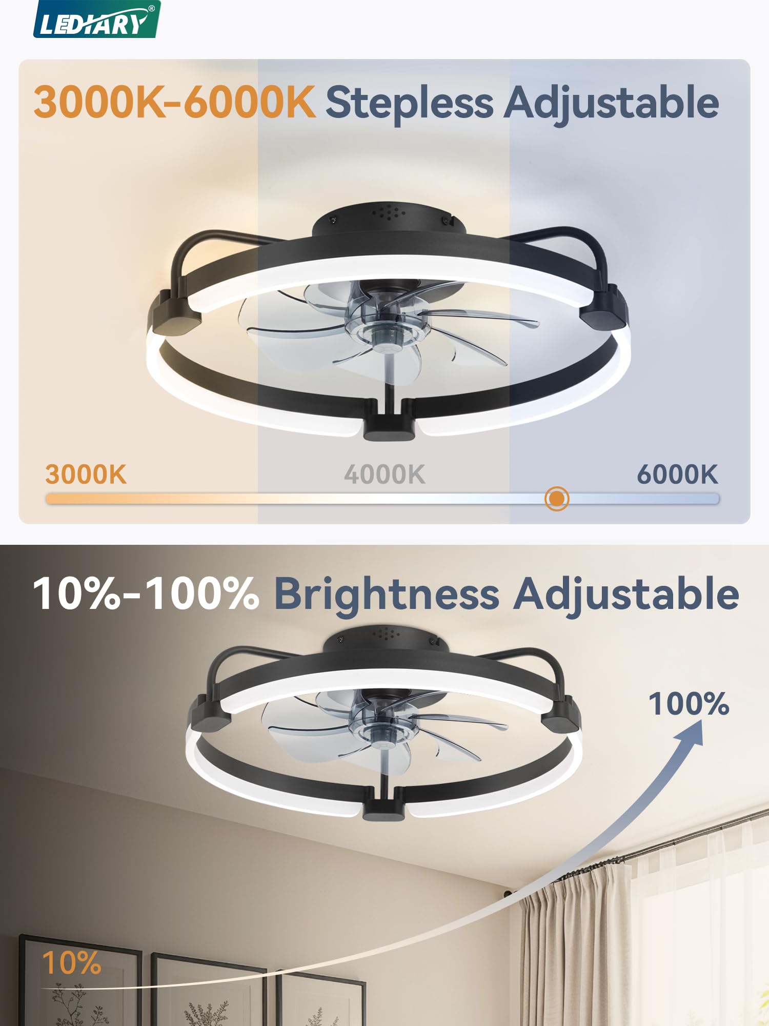 LEDIARY Ceiling Fans with Lights and Remote, 20'' Low Profile Ceiling Fan with Light, 3000-6000K Dimmable Fandelier LED Fan Light, 6 Wind Speeds, Black Modern Flush Mount Ceiling Fan for Bedroom