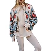 Kumufenc Printed Sherpa Jacket for Women Long Sleeve Button Down Fuzzy Fleece Coat Y2K Outerwear with Pockets