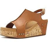 PARTY Women's Wedge Sandals With Buckle Ankle Strap for Dressy Summer, Kally-Brown PU-11