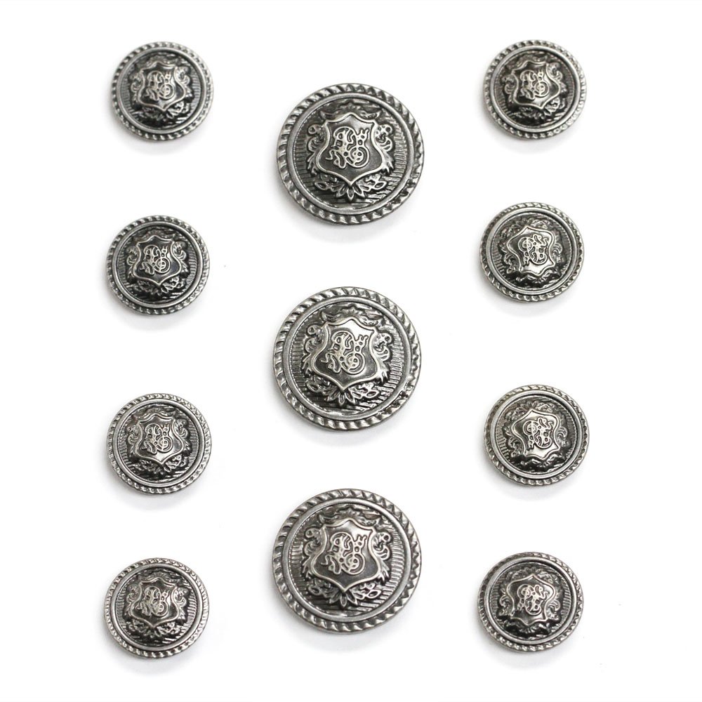 Set of 11 Lightweight Antique Silver Crest Buttons in Two Sizes