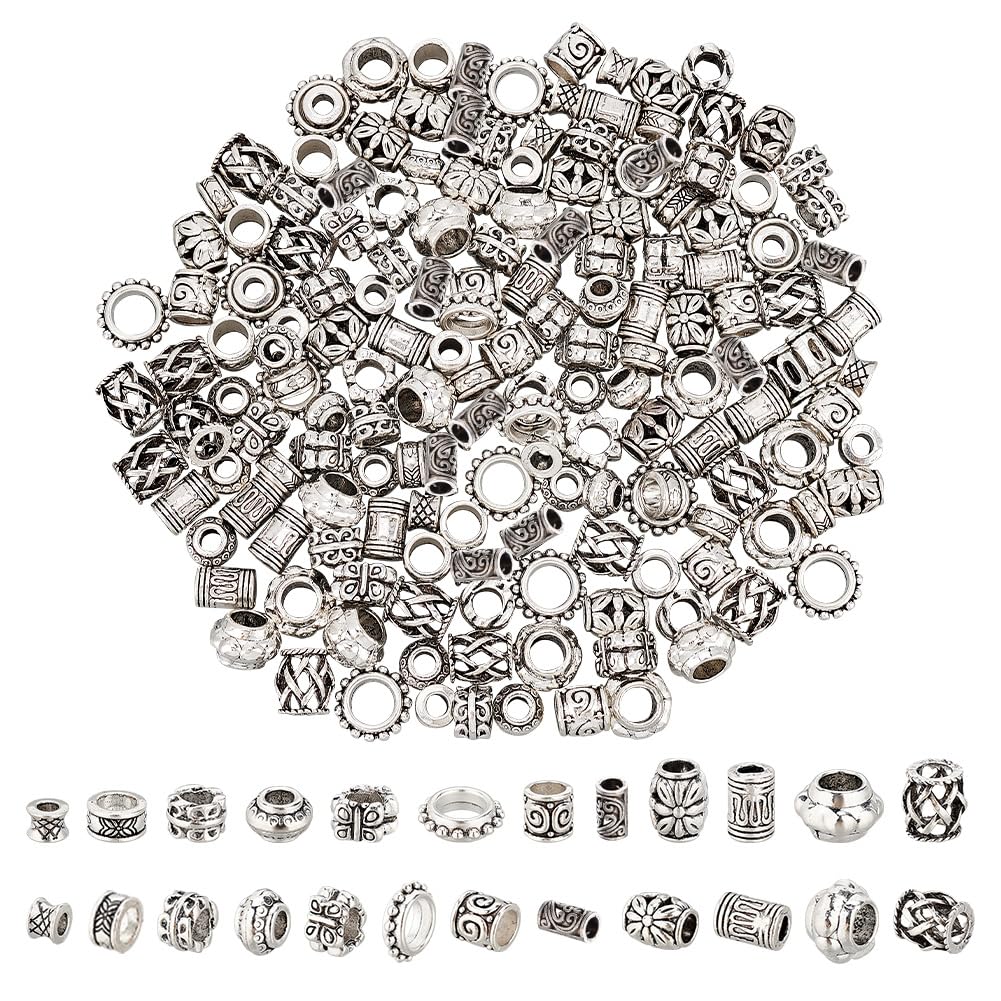 NBEADS 180 Pcs 12 Styles Alloy Hair Beads, 2 Colors Tibetan Style European Butterfly Dreadlock Beads for Hair Braiding, Hole: 3.5~7mm