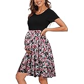 WOOXIO Women's Short Sleeve Maternity Dress Patchwork Pregnancy Clothes with Pockets