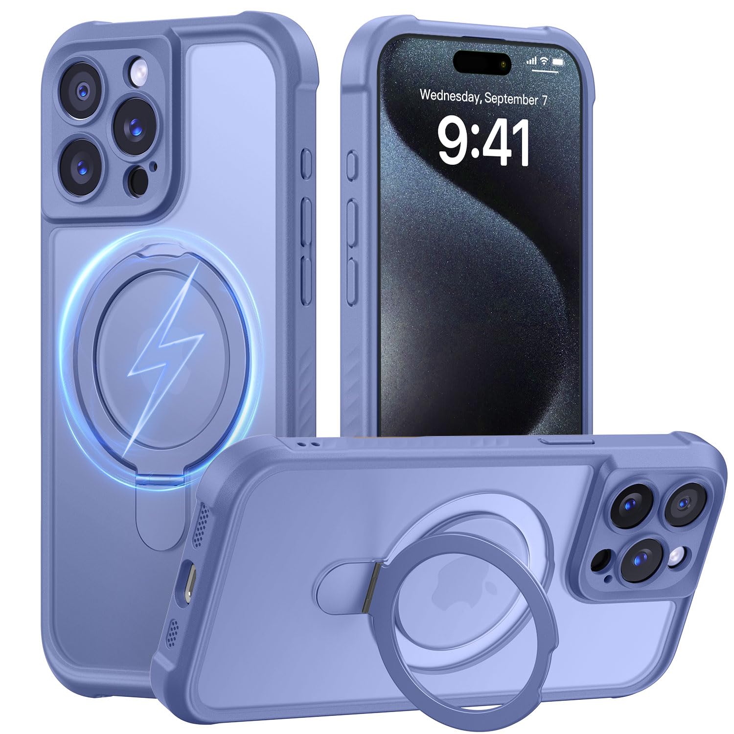Photo 1 of MOCCA Design for iPhone 15 Pro Case with Magnetic Invisible Stand [Full Camera Protection] [Compatible with Magsafe] Military Drop Shockproof Translucent Matte Phone Case Cover 6.1",Lavender Grey