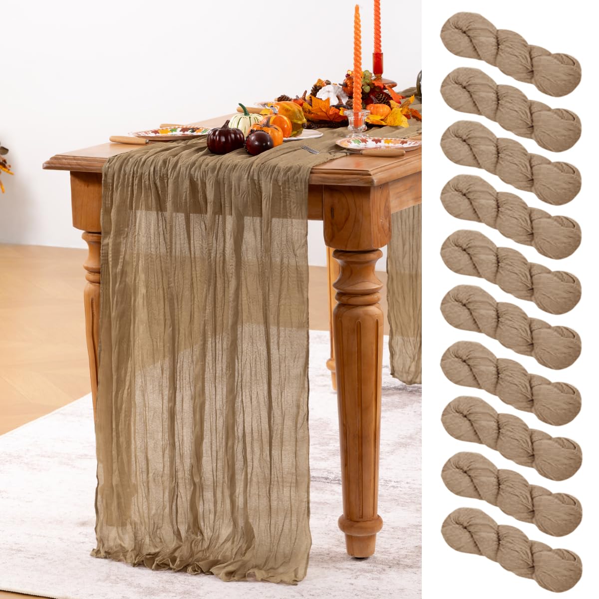 Photo 1 of DeZerlor Nude Cheesecloth Table Runner 10 Pack Fall Table Runners Boho Gauze 120 Inches Coffee Cheese Cloth Fall Table Decorations for Thanksgiving Wedding Bridal Baby Shower Tea Party Decor