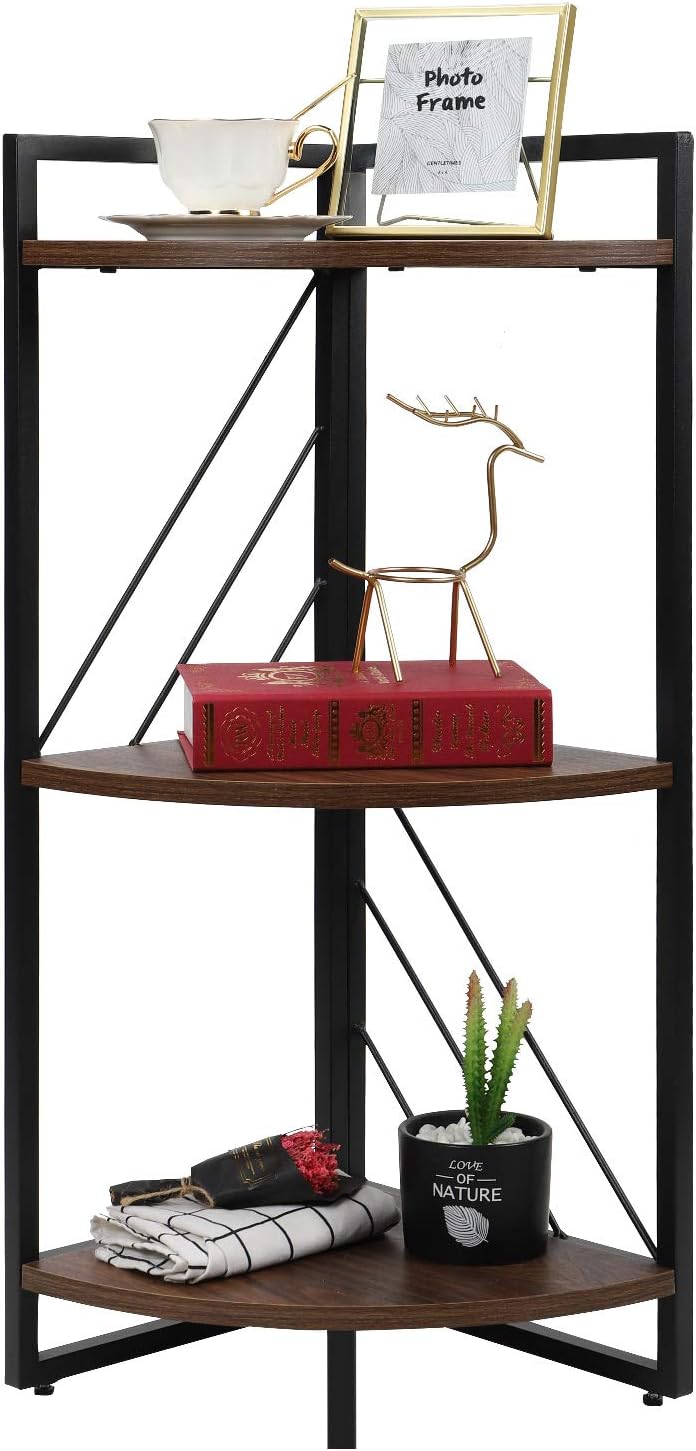 NOZE 3 Tier Corner Bookshelf for Living Room, Study and Kitchen, Industrial Corner Bookcaes Open Shelf for Home Decor & Storage, Walnut