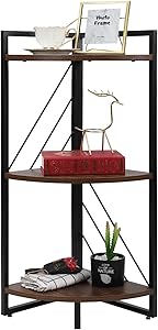 NOZE 3 Tier Corner Bookshelf for Living Room, Study and Kitchen, Industrial Corner Bookcaes Open Shelf for Home Decor & Storage, Walnut