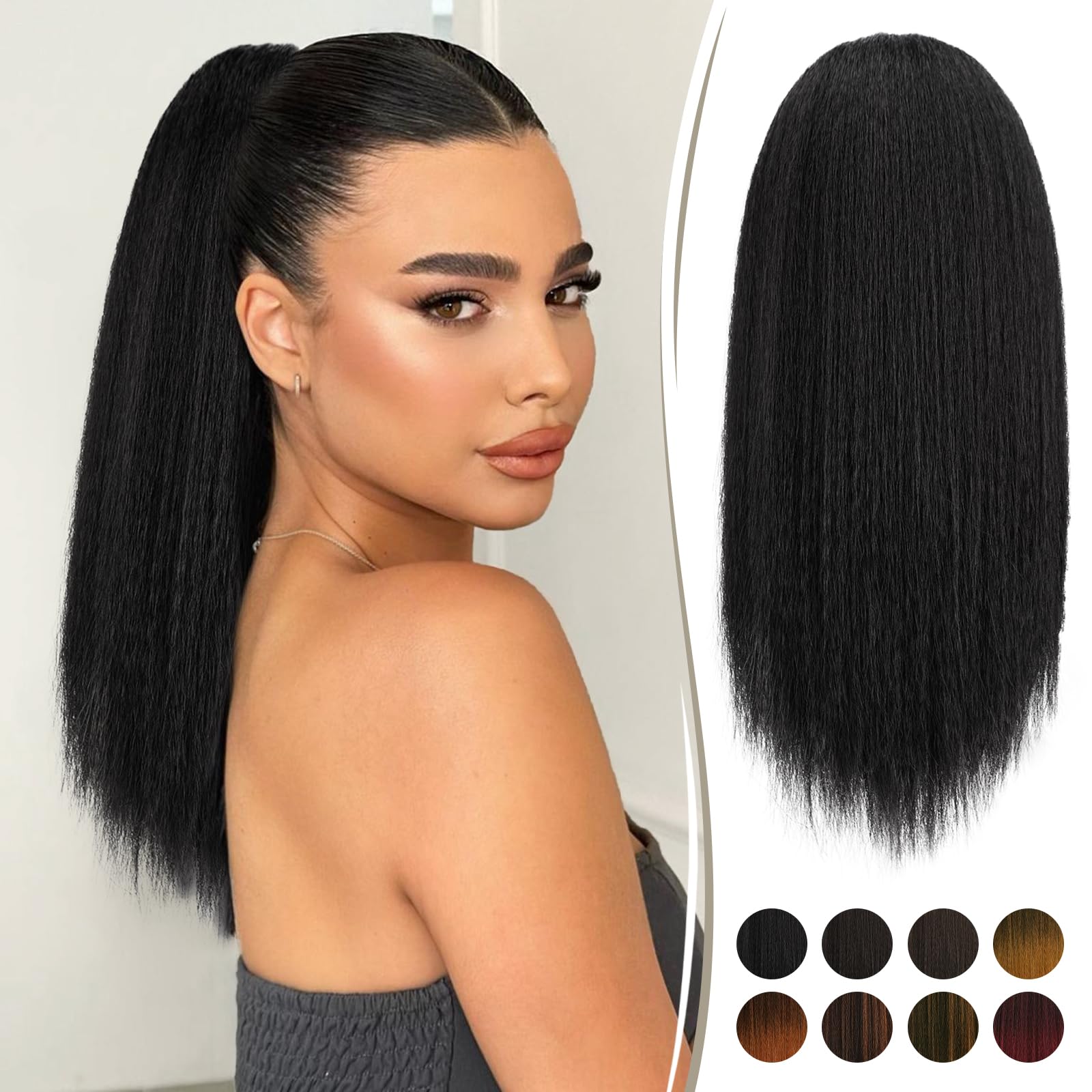 RUWISS Drawstring Ponytail for Black Women Yaki Straight Ponytail Hair Extension 16 Inch Thick Pony Tail Clip in Synthetic Ponytail Hairpiece Natural Black