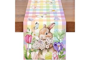 UgyDuky Easter Table Runner, Easter Table Decorations with Rabbit Egg Flowers Floral, Colorful Checkered Stripes Runner for H