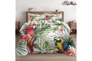 WeCozy Queen Size Comforter Set with 2 Pillowcases, Tropical Hibiscus Birds 3 Pcs Bedding for Kids and Adults, Flower Palm Leaf Soft Comforter Set for Bedroom Bed Decor
