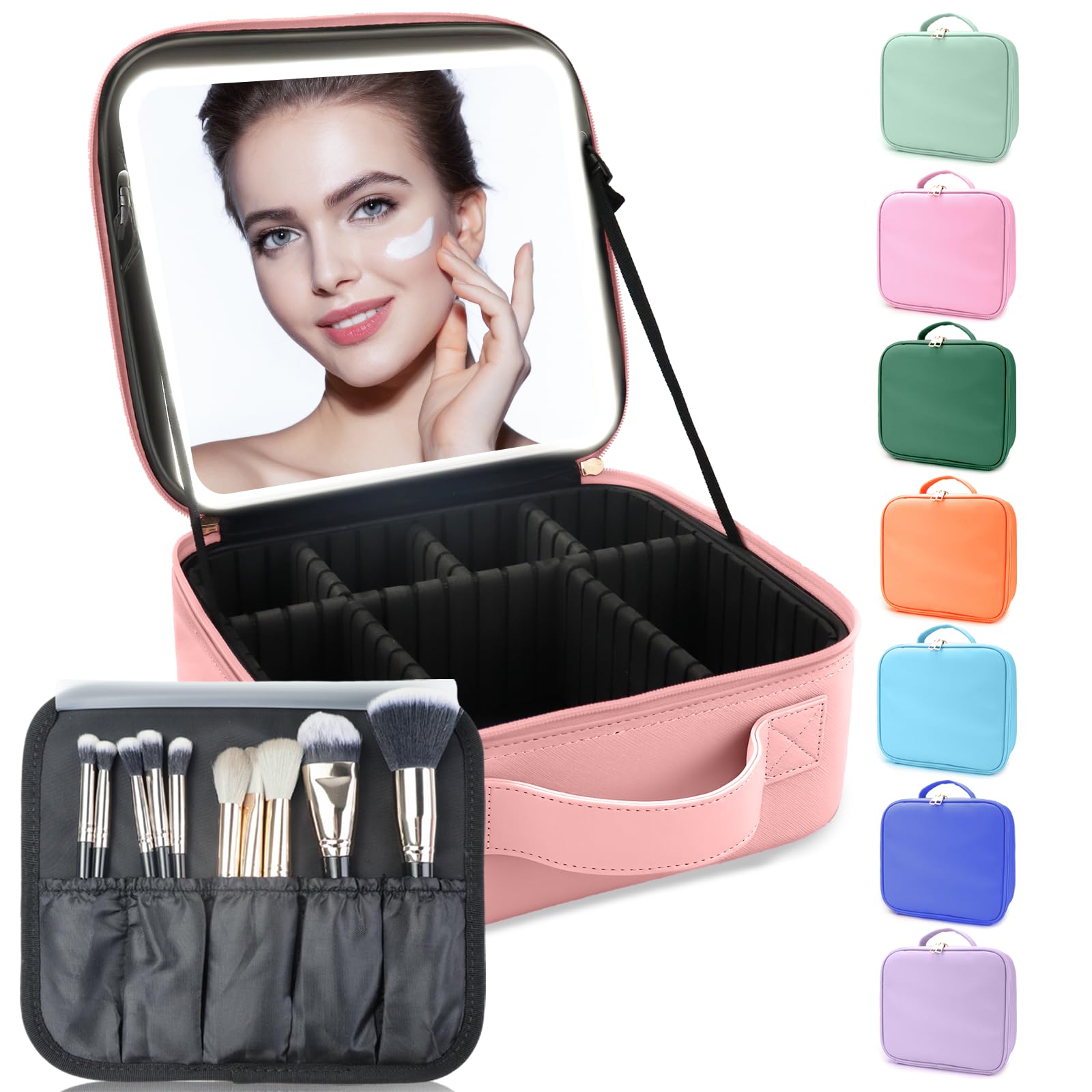 Photo 1 of ** MISSING MIRROR** SUILU Makeup Bag with Led Mirror,Travel Makeup Organizer with 3 Color Setting, Portable Storage and Adjustable Dividers Travel Makeup Bag(Pink)