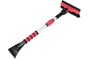 Mallory USA Mini Telescoping 35" Pivoting Dual Head Snow Broom with Squeegee, Integrated Ice Scraper (Red)