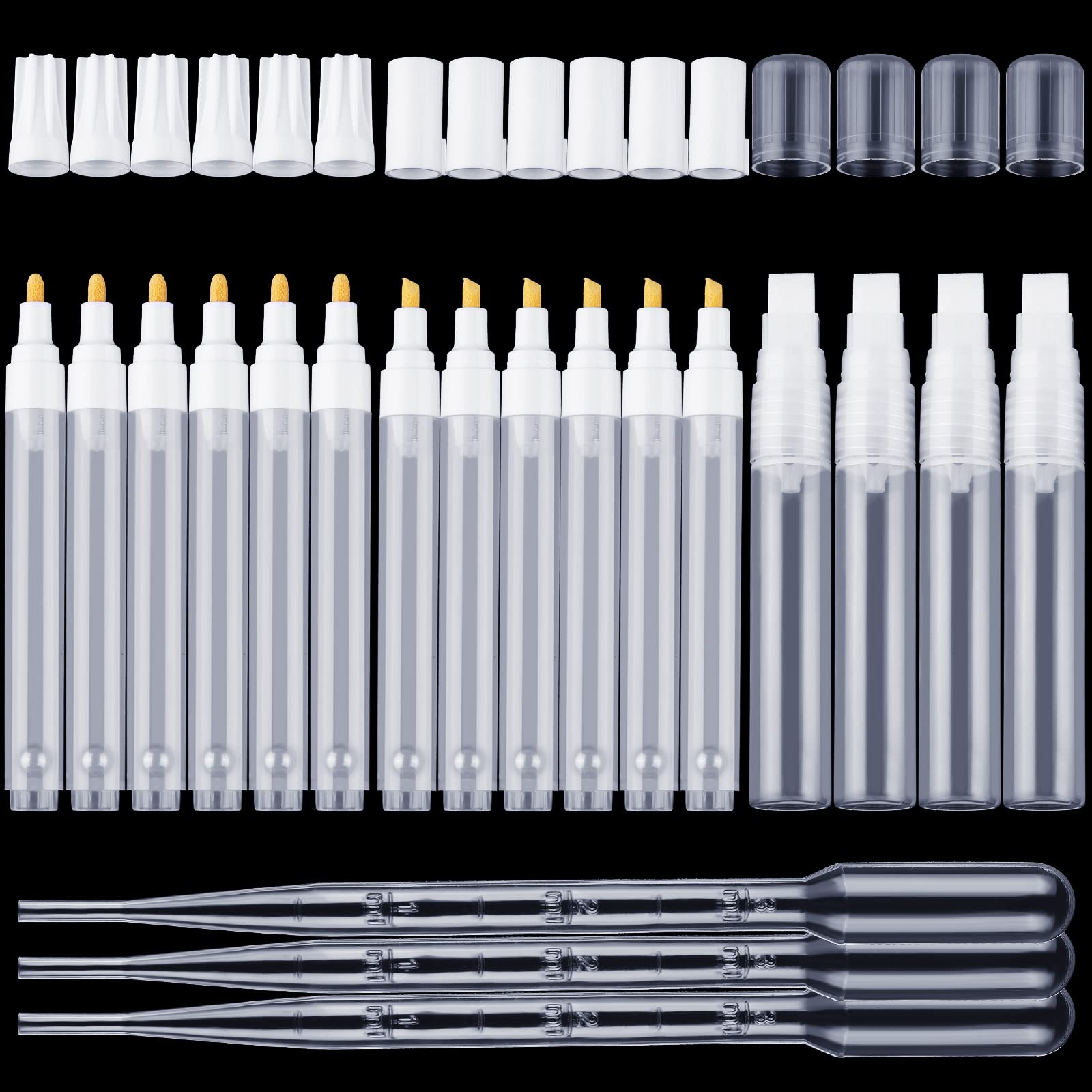 Photo 1 of Sherr 16 Pcs Refillable Acrylic Paint Markers 3 mm 6 mm 15 mm Empty Acrylic Markers White Refillable Paint Pen Round Tilted Flat Head Fillable Pen with 3 ml Dropper for Oil Water Ink Art Kit