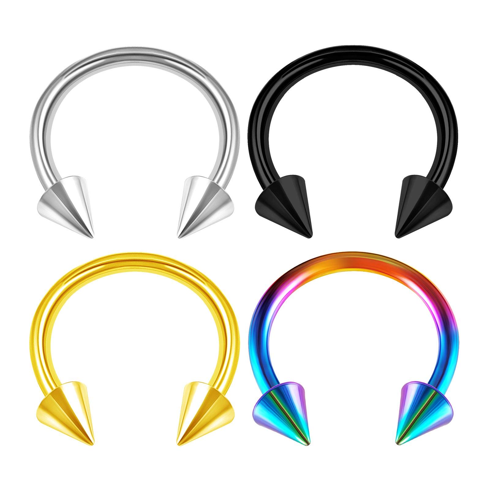 KJM FASHION 4PCS Stainless Steel Horseshoe Circular Barbell 14 Gauge 1/2 12mm 4mm Spike Eyebrow Earrings Cartilage Piercing Jewelry 2982