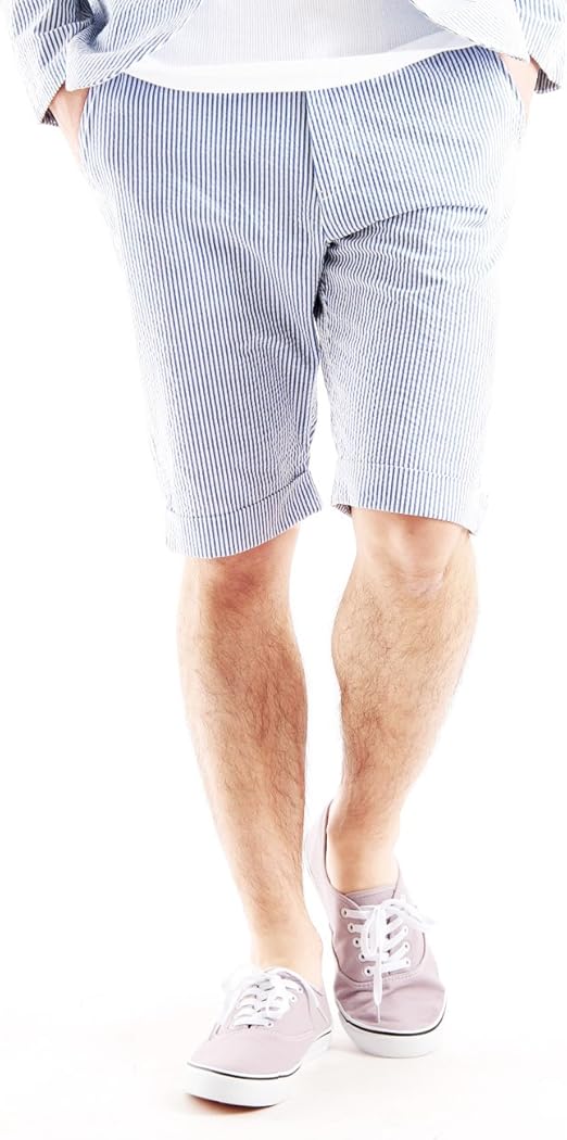 Amazon シアサッカーストライプショートパンツ ショーツ 短パン ハーフパンツ メンズ Lサイズ ホワイト ネイビー ショートパンツ 通販
