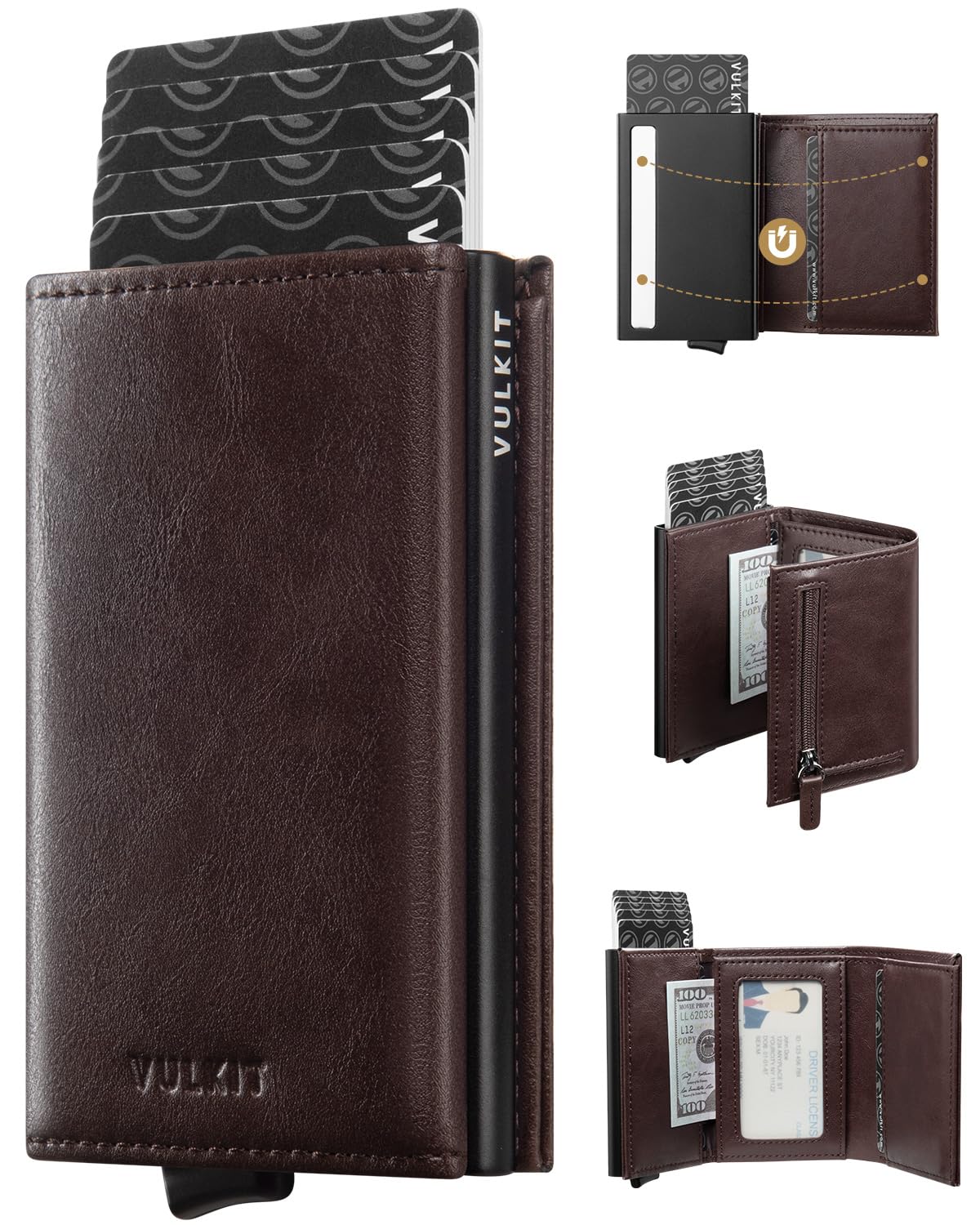 VULKIT Credit Card Holder RFID Blocking Leather Bifold Mens Wallet Automatic Pop Up with Banknote Compartment (Espresso)