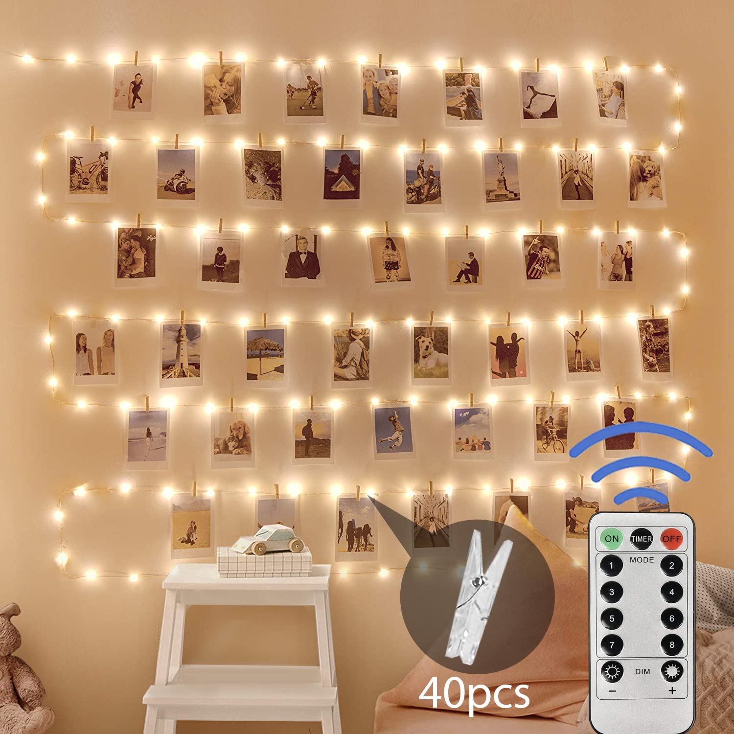 Copper Wire Waterproof Hanging Fairy Lights - 2 Pack, Each 12M USB Plug in, 120LED With 40 Photo Clips, Remote Timer for Party, Wedding, Birthday, Christmas Decor