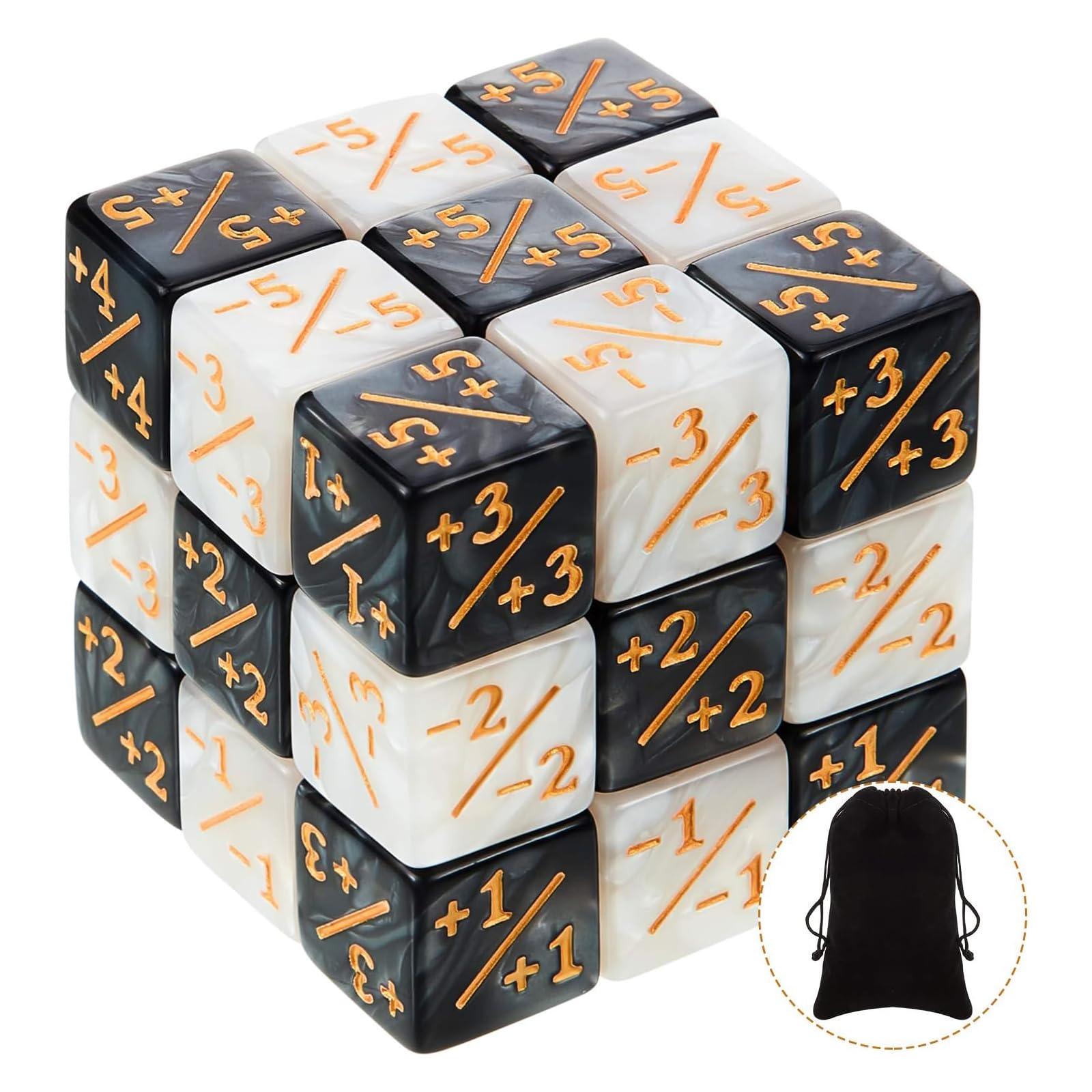 JAONLD MTG Dice, 24 Pcs Mtg Counters D6 Dice Cube Counters Token Positive and Negative Loyalty Counter Set with Storage Bag Compatible with, CCG, Card Gaming Accessory(Black&White)