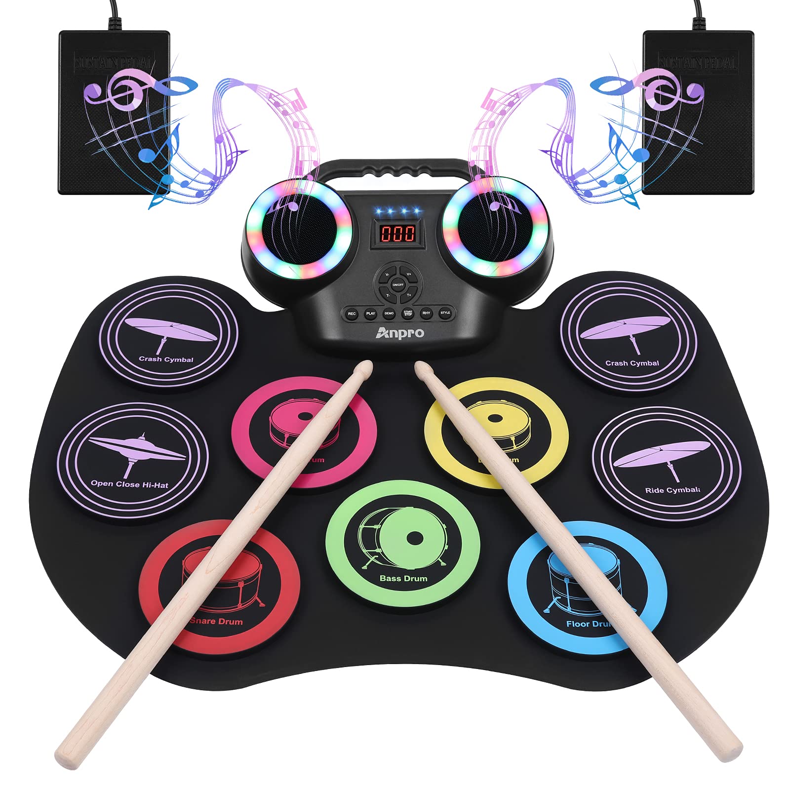 Anpro Nine-Sided Color Electronic Drum Set,9 PCS Drum Practice Set,Portable Electric Drum Set,Built in Audio with Earphone Jack,Ten Hours of Playback,Color LED Screen,Best Birthday Gift