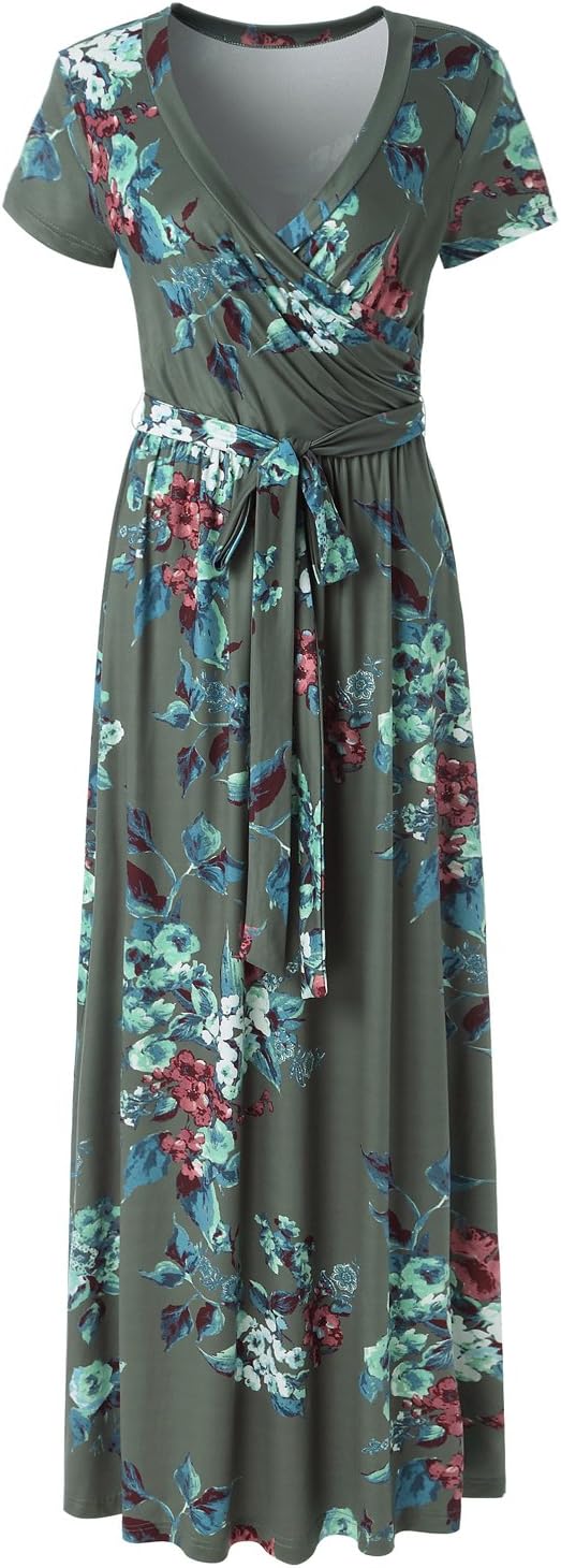 Kranda Womens Summer Short Sleeve Faux Wrap V Neck Floral/Solid Maxi Long Dress