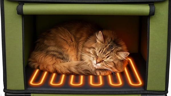 PALOPALO DEWPROOF HEATED CAT HOUSE FOR OUTDOOR WINTER, INSULATED DISCREET PET SHELTER WITH WATERPROOF HEATING PAD & ESCAPE DOOR FOR FERAL, STRAY, BARN KITTY CATS (ARMY GREEN, 16.5″X12.5″X17.7″)