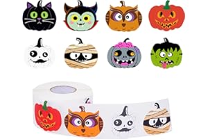 SerpizePaty 500pcs Halloween Pumpkin Stickers Roll for Kids, 1.5 Inch Halloween Name Tag Stickers with 8 Different Character Pumpkin, Pumpkin Labels for Treats Party Decorations