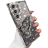 Changjia for Samsung Galaxy S25 Ultra Glitter 3D Butterfly Case,Cute Luxury Bling Sparkly Diamond Rhinestone Liquid Flowing Case with Camera Lens Protector Women Girl Cover for Galaxy S25 Ultra,Silver