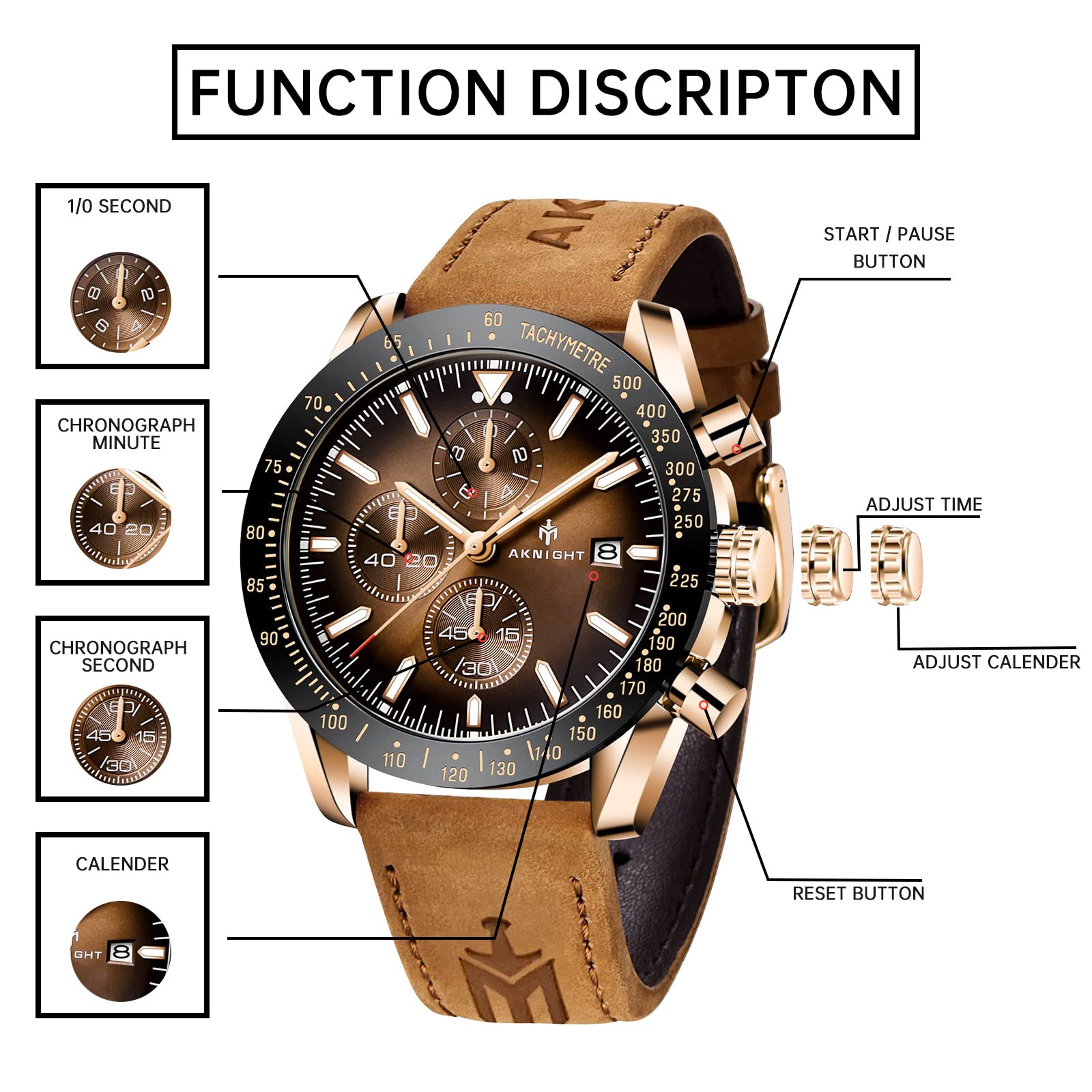 AKNIGHT Watch for Men Luxury Watches with Brown Leather Strap Timepiece Birthday Gift Wrist Watches, Luminous Sports Analog Quartz Movement Waterproof