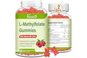 Vazatisi L-Methylfolate 15 mg Gummies with Methyl B12, Folate Supplement for Mood, Brain Health, Immune Support, Raspberry Flavor, 120 Count