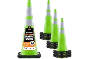 36” Lime Green Traffic Cone - Dual 6" & 4" Reflective Collar – 12 Pack - Multipurpose Premium PVC Safety Cone for Parking, Caution, Construction, Road Crews, Emergency Vehicle - Xpose Safety