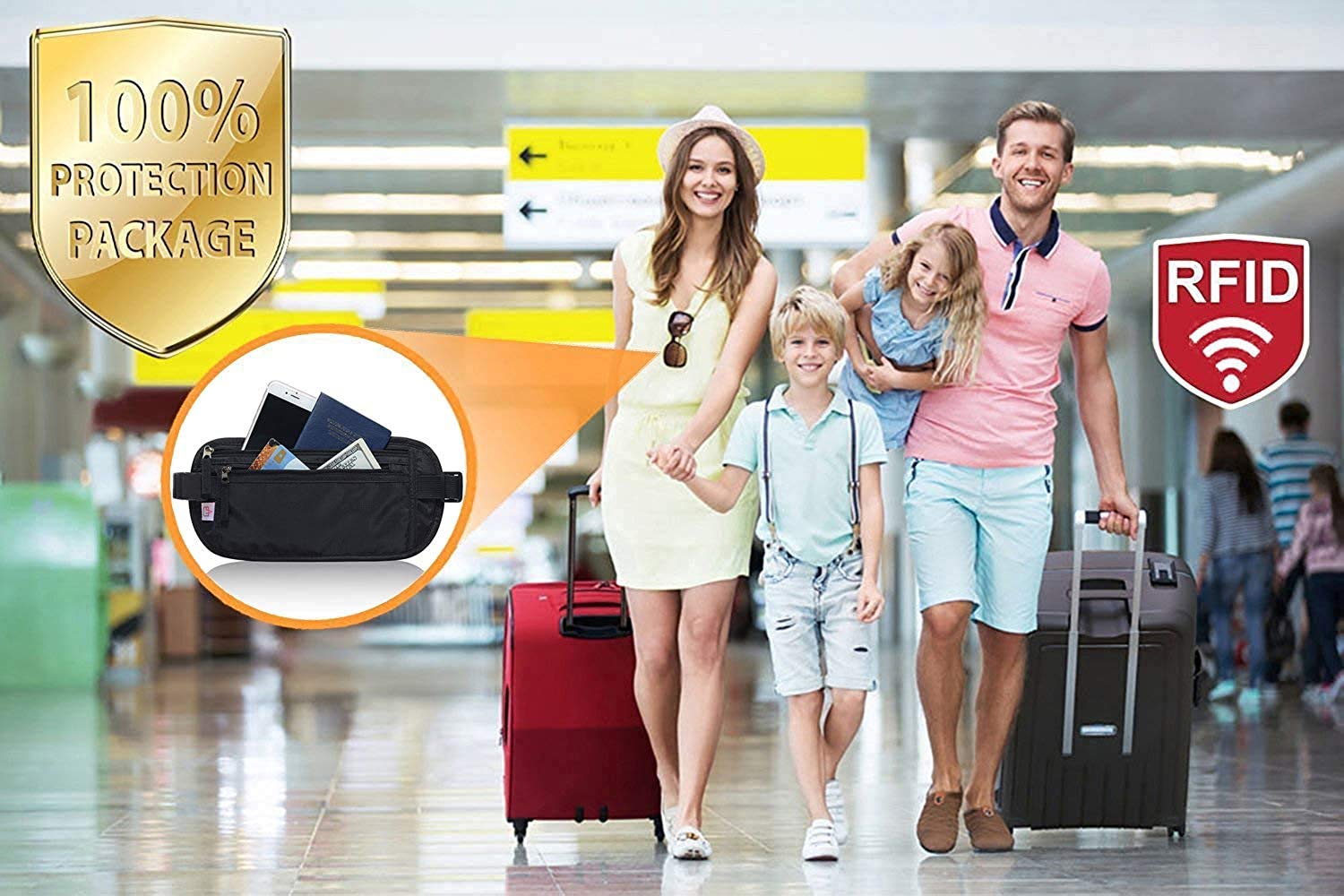 RFID Blocking Travel Wallet - Money Belt & Passport Holder, Slim Hidden Fanny Packs for Women Men - Black