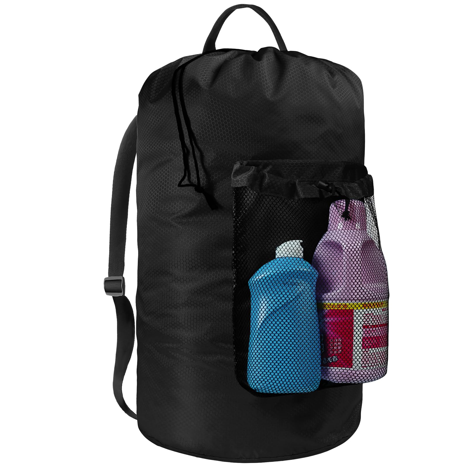 Photo 1 of Laundry Bag with Shoulder Straps and Mesh Pocket Laundry Backpack Large Portable Laundry Hamper for College Travel, Laundromat, Apartment (Black)